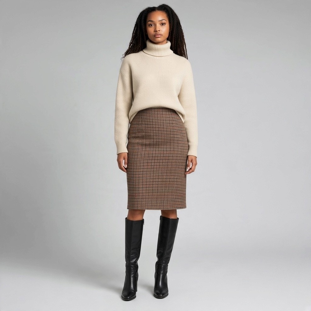 Hugo Buscati Pencil Skirt 12 Brown Wool Y2K Houndstooth Dark Academia Officecore